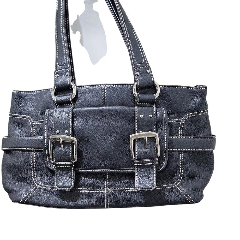 Sophia Caperelli | Black Leather Buckle Tote Shoulder Bag | Satin Leopard Lining